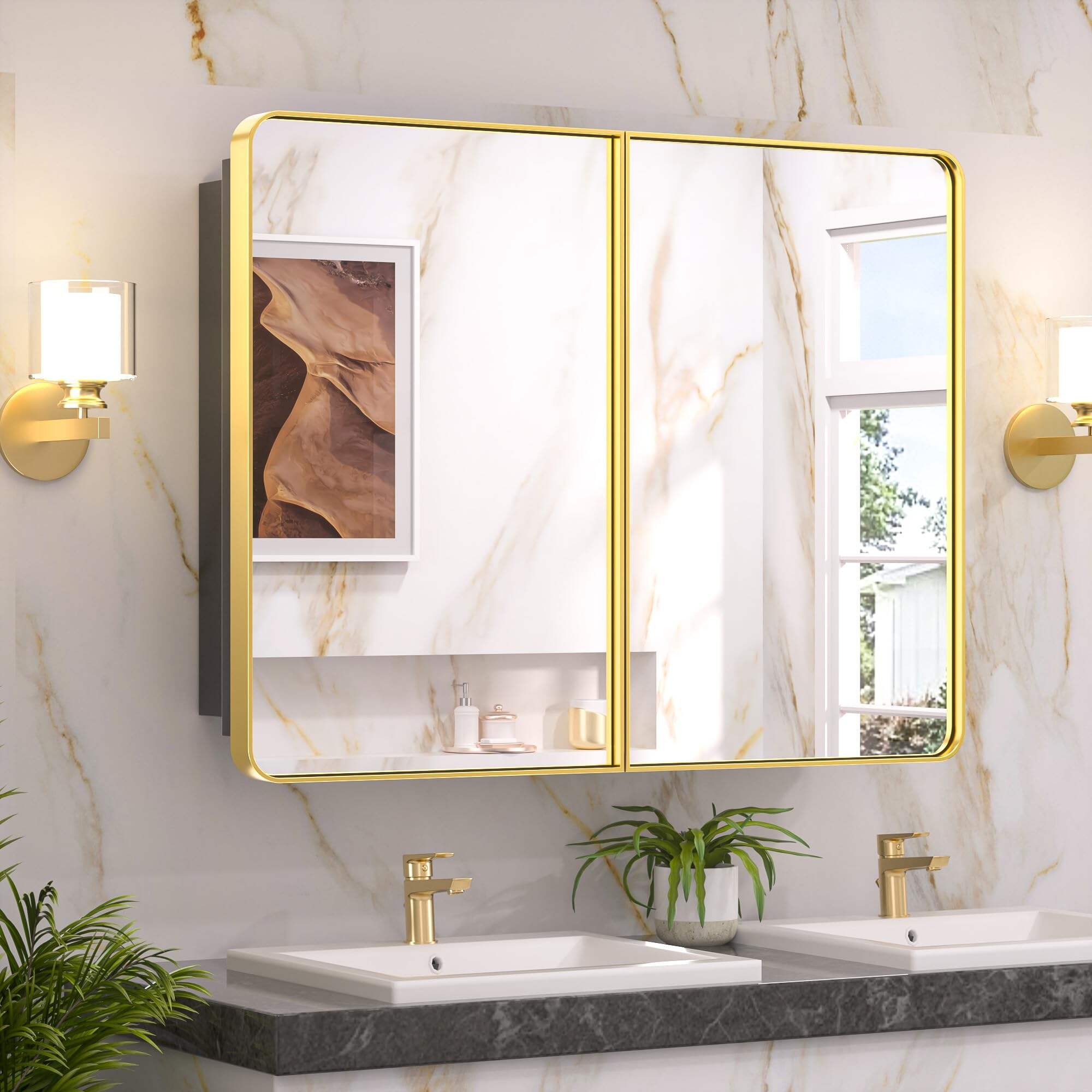 JJGullit bathroom mirror supplier 40 x 32 Inch Gold Bathroom Medicine Cabinets with Mirror Framed Adjustable Shelves Stainless Steel 2 Doors Soft Closing Hinge Recessed Large Modern Metal Gold Bathroom Mirror with Storage Cabinet