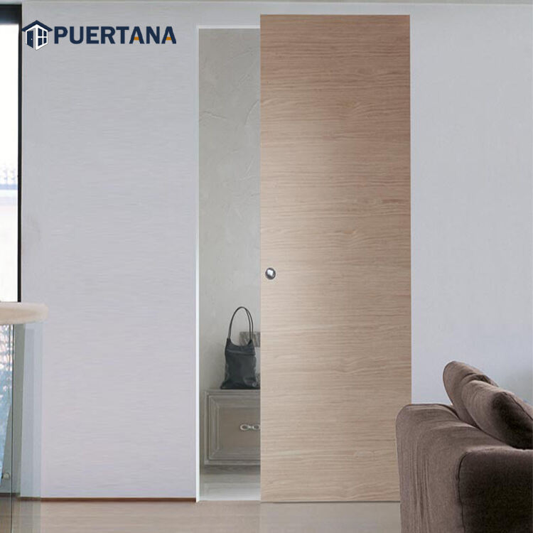 Wall Mount Concealed simple design wood Sliding Door Engineered frameless Wood Ghost Door With Rail sliding doors System