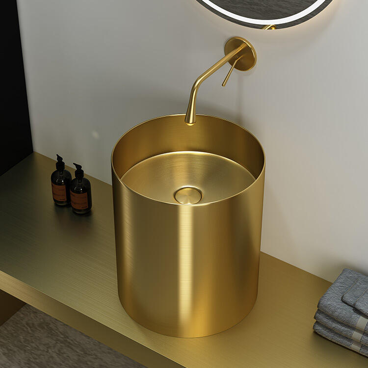 Luxury Gold High-end Free Standing Stainless Steel Pedestal basin Wash Basin Bathroom Sink for Hotel Home Super september supplier