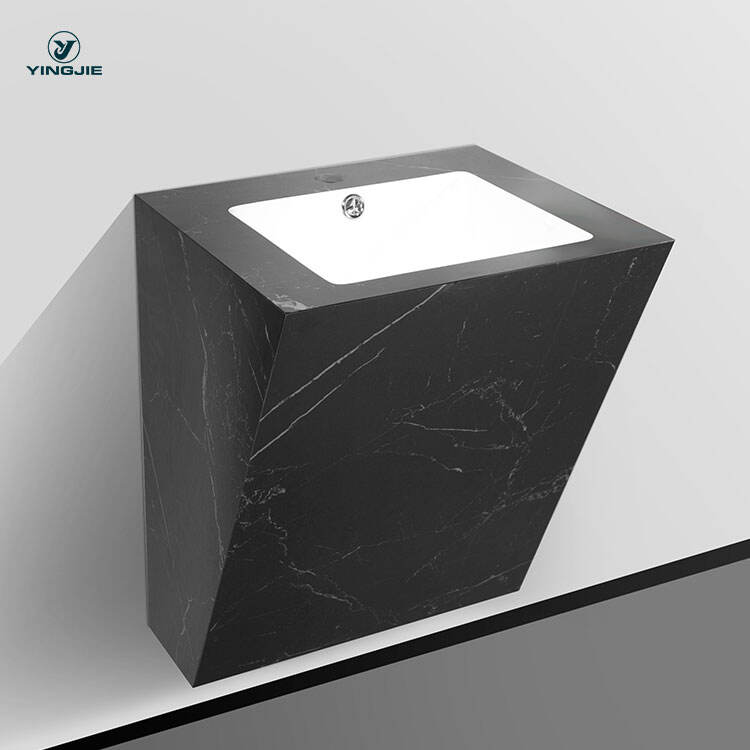 black wall hung pedestal Sintered Stone basin vessel sink for bathroom details