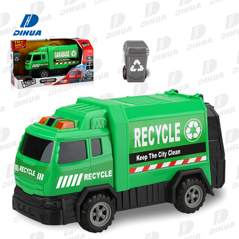 ACTION FUN - City Service Vehicle Inertia Friction Green Garbage Car Model w/ Trash Can Children Kids Plastic Dump Truck