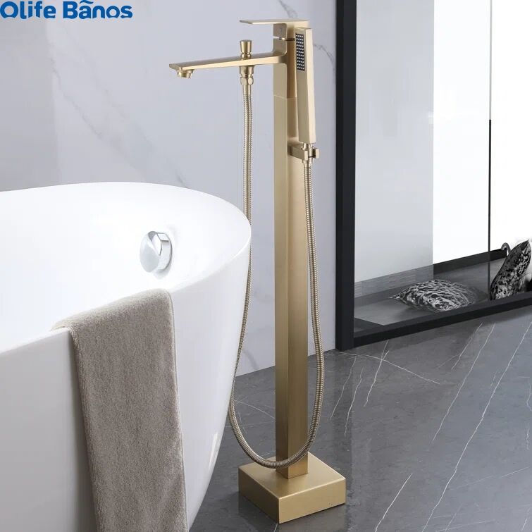 Freestanding Bathtub Faucet Brushed Gold Black Floor Mount Faucets Brass Single Handle with Hand Shower details