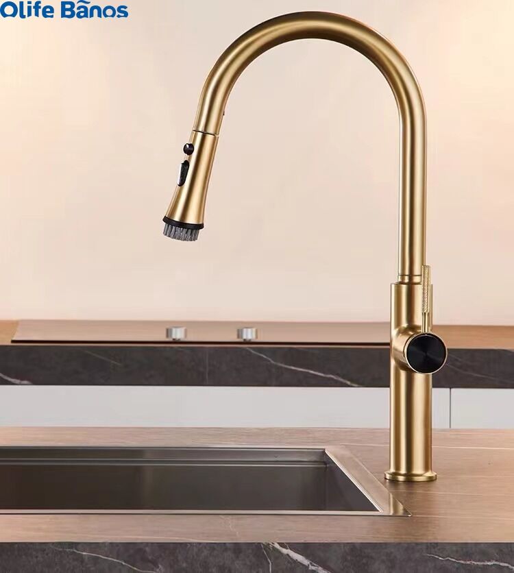 2023 Kitchen pull-out telescopic faucet hot and cold water tank mixing valve black gold kitchen faucet with broom head details