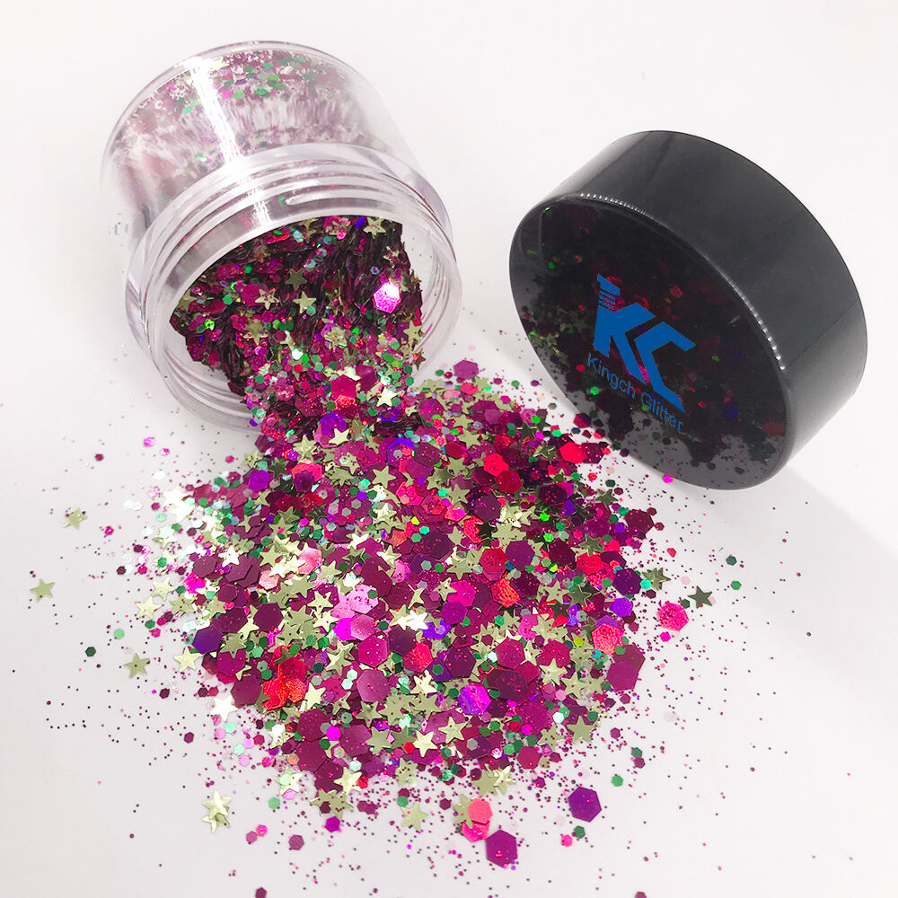 Custom Mixed Solvent Resistant Pink Holographic and Green Glitters 10 Gram Jar Made in China factory