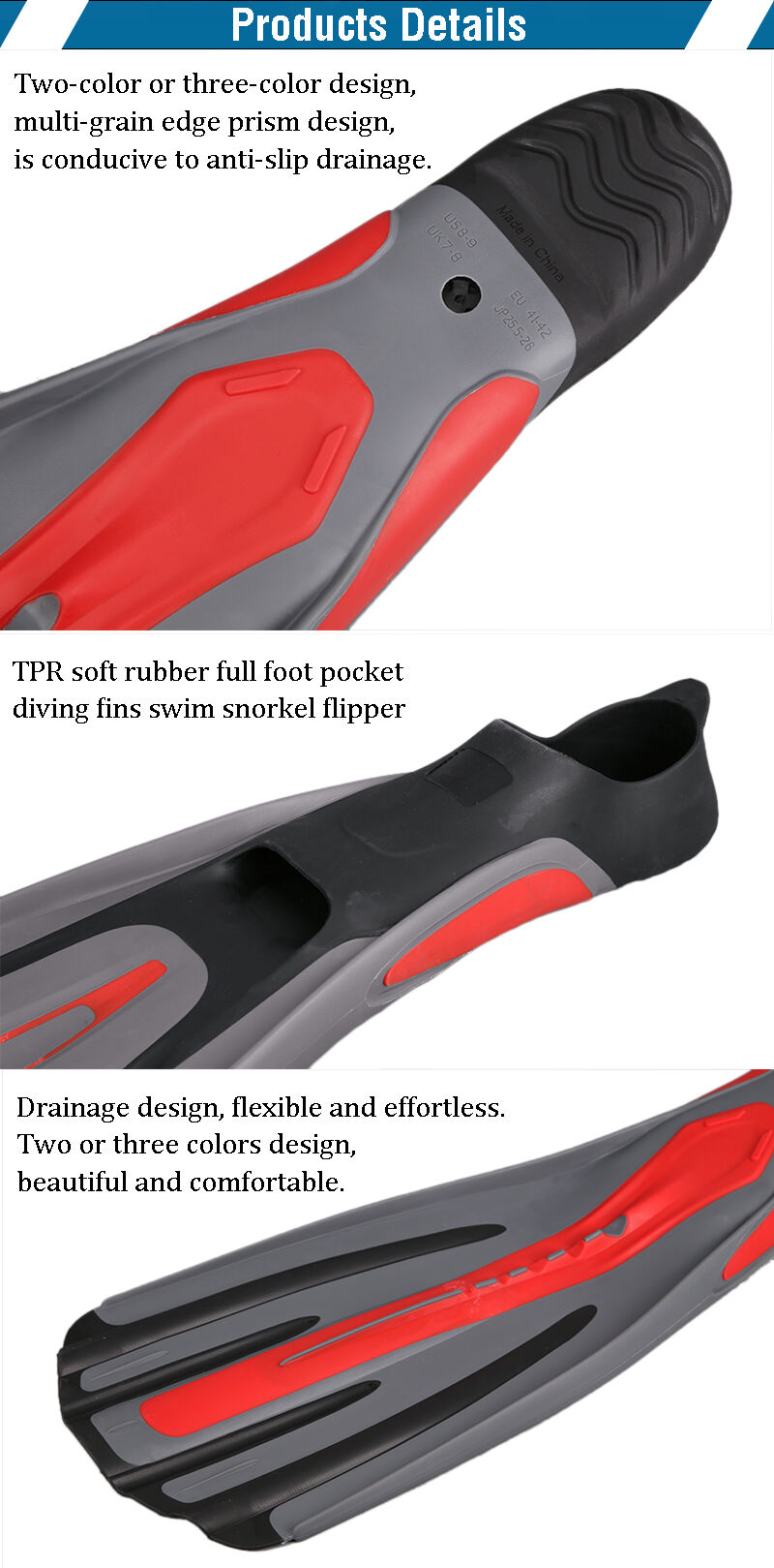 Aloma Custom Dual hardness TPR 3colors foot pocket snorkeling Diving flipper long free diving fins for diver manufacture