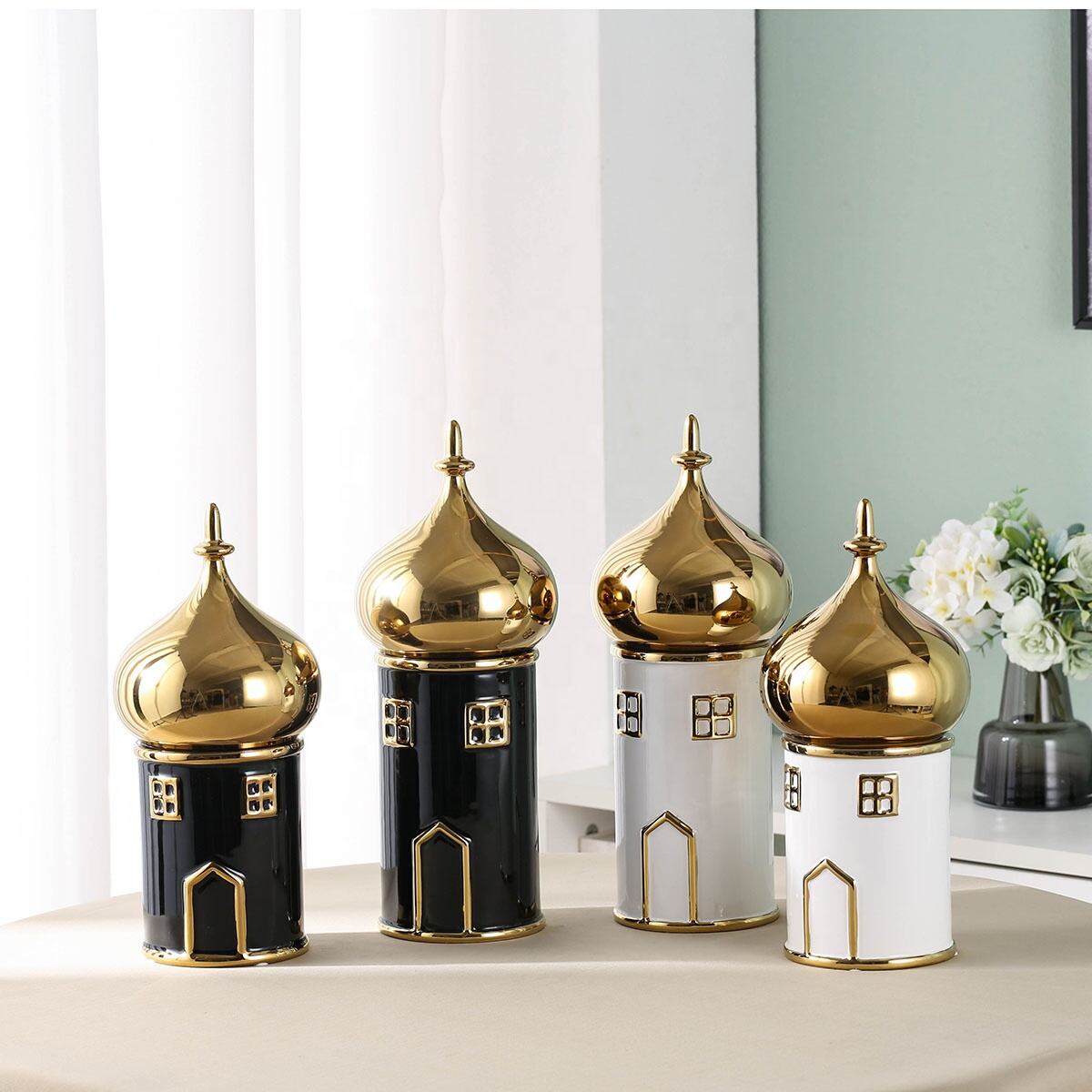 Synwish Custom Castle Design Candle Vessel Nordic Gold Ceramic Scented Candle Container jar With Lid Storage Jars manufacture