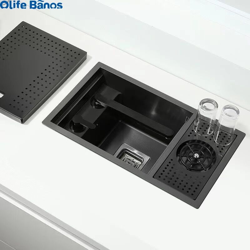 Amazon hot sale 304 sus  black kitchen concealed  hidden lift taps sink basin  with cup washer  drain off details