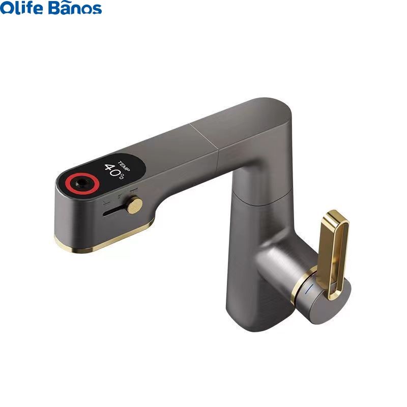 Olifebanos 3 Mode White Gunmetal Gold Rotating Spout Bathroom Faucet Temperature Display Bathroom Pull Out Faucet details