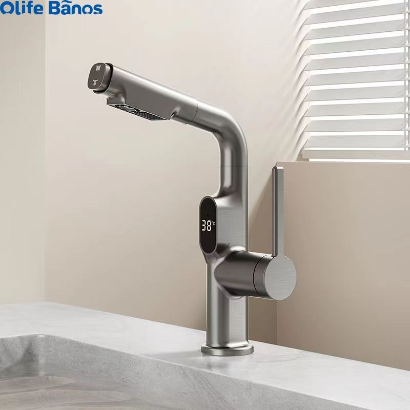 Hot Sale Pull Out Temperature Digital Display Basin Faucet Lift Up Down Sprayer Hot Cold Water Sink Mixer Wash Tap For Bathroom supplier