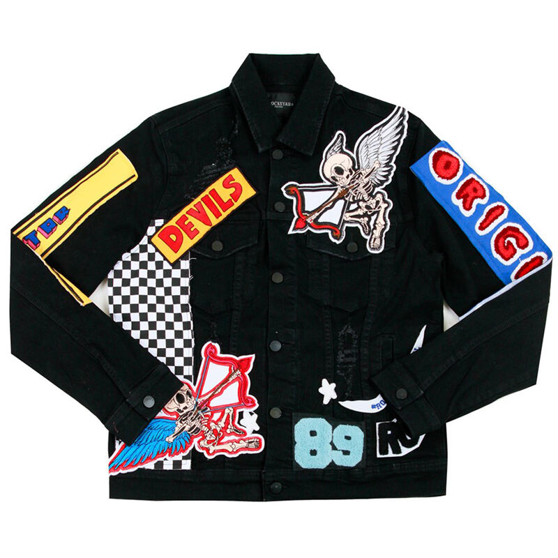 DiZNEW Customize Your Own Brand Logo Design Patch Embroidered Black varsity/letterman Denim Jacket