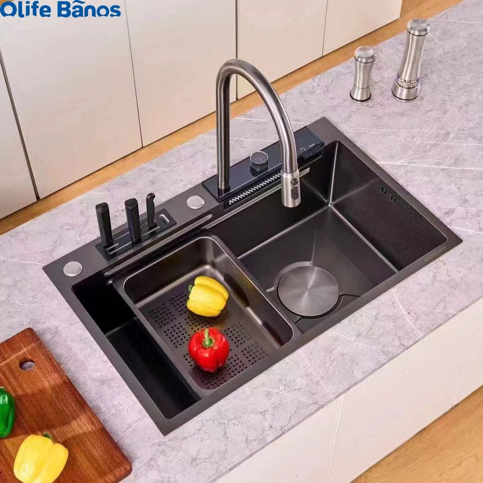 New Design 304  Digital Display Waterfall Faucet Bionic Honeycomb Single Bowl Advanced Kitchen Sink With Knife Holder supplier