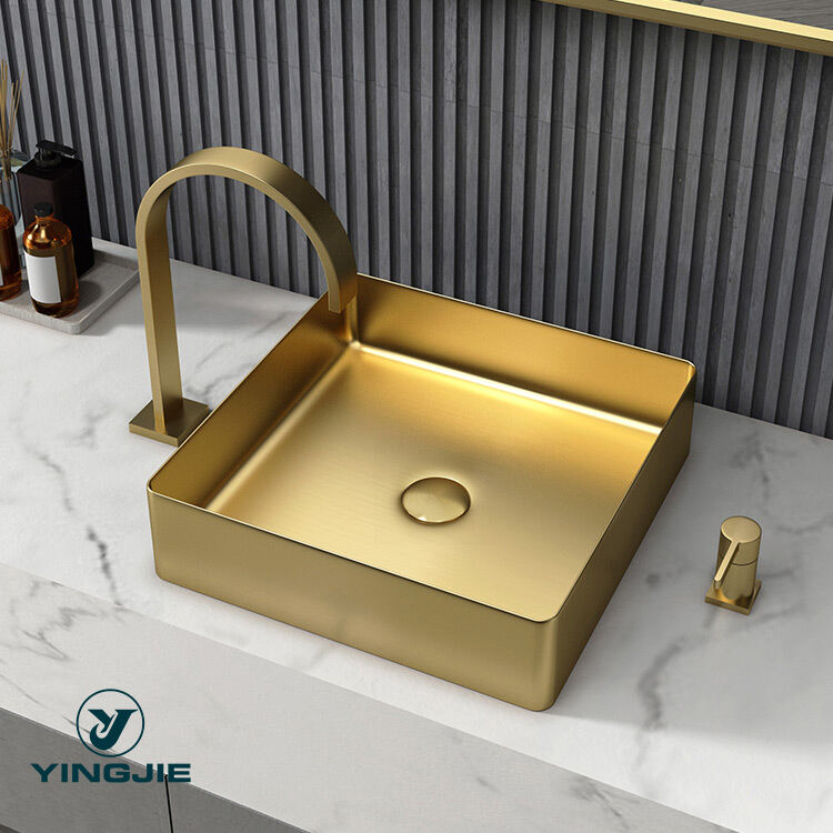 High Quality Durable Thin Edge Bathroom Square Wash Basin Stainless Steel Cabinet Decor Gold Faucet Bathroom Sink