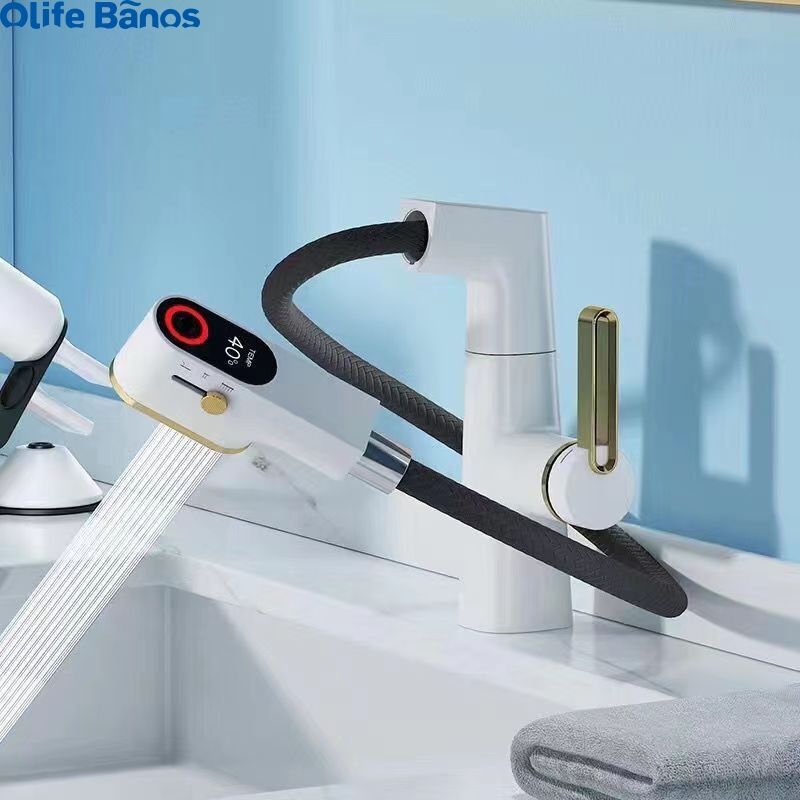 Olifebanos 3 Mode White Gunmetal Gold Rotating Spout Bathroom Faucet Temperature Display Bathroom Pull Out Faucet