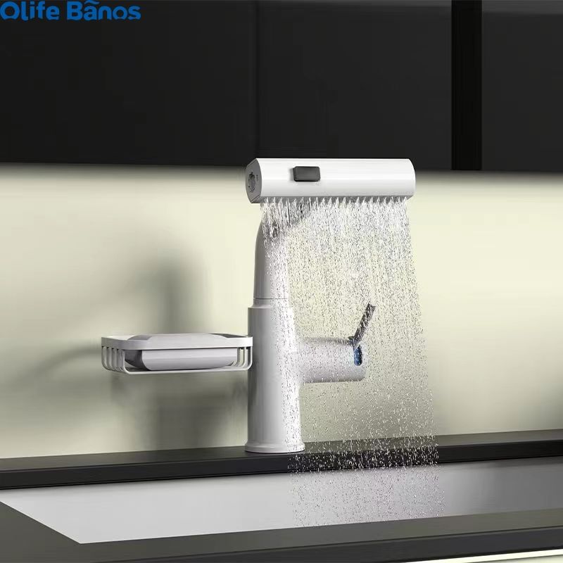 Olifebanos Tiktok Trend Waterfall Pull Out Extend High Bathroom Laundry Wash Basin Sink Tap Mixer Faucet With Soap Basket