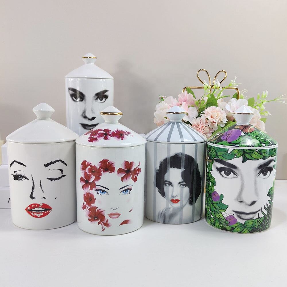 Custom Lady Face Printed Porcelain Candle Containers With Lids Unique Luxury Girl Face Ceramic Jar For Scented Soy Candle details