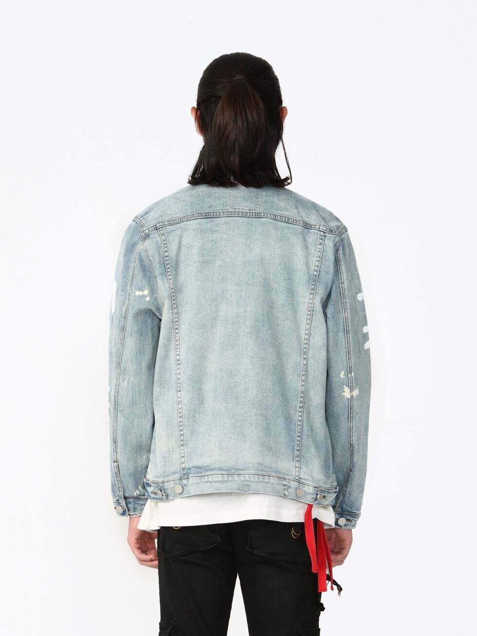 DiZNEW high quality damaged blue screen print fashion denim jacket details