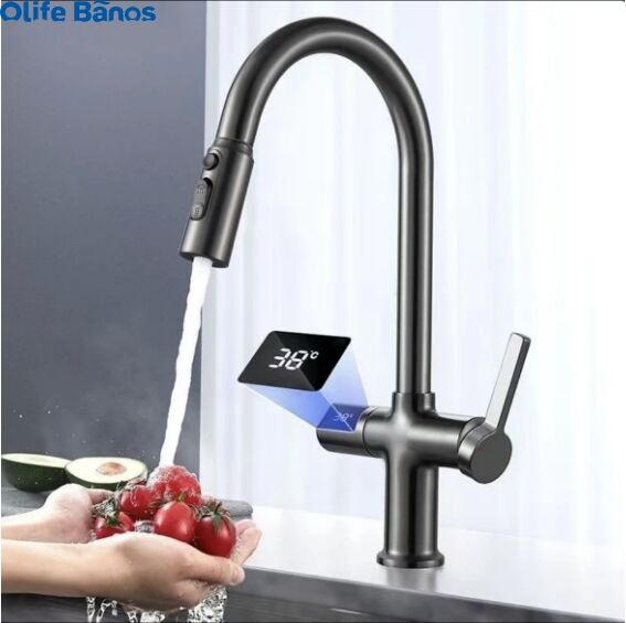 Olife Banos Hot Sale Pull Out  Digital Temperature  Display Hot And Cold Gunmetal  Brass Kitchen Tap Mixer Faucet For Kitchen manufacture