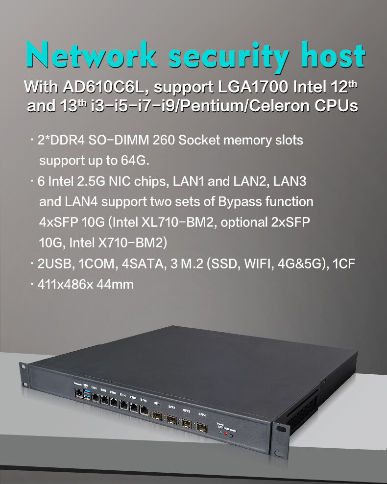 Piesia 1U Rackmount Server Chassis 6Lan 4*SFP 10G Intel 12/13th LGA1700 H610/H670/Q670 2*DDR4 Industrial Router Firewall PC-FA-6106S