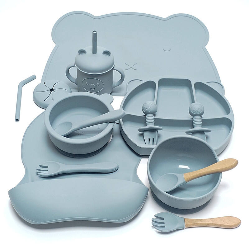 Bear 14-piece infant baby complementary food feeding tableware set silicon children's cartoon glue food grade set factory