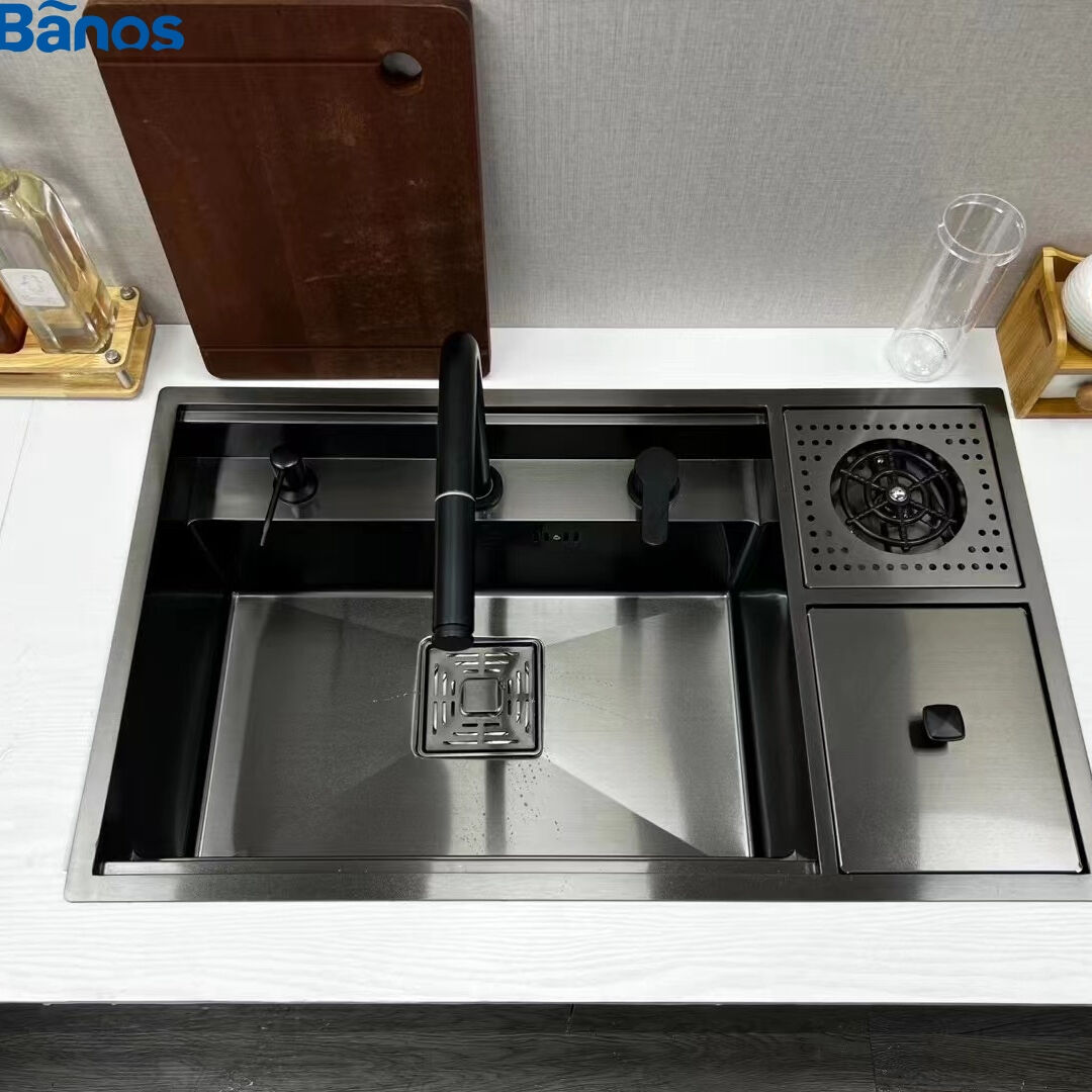 Tiktok trend sink stainless steel 304 black kitchen household hidden single sink with cup washer  trash can