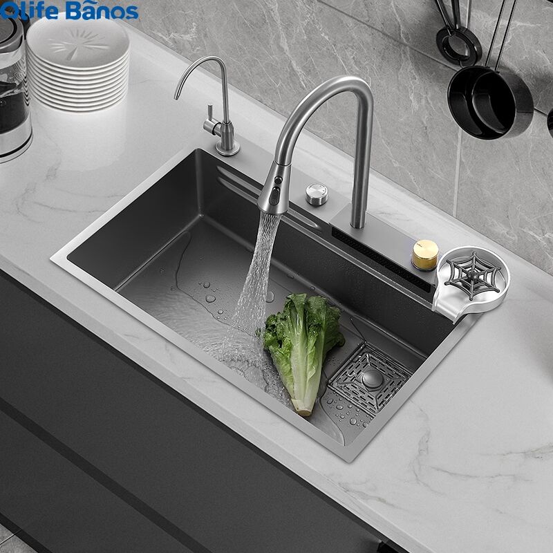 Amazon Hot Sale New Nano 304 33 inch Stainless Steel  Kitchen Flying Rain Waterfall Faucet Basin Sink Slot details