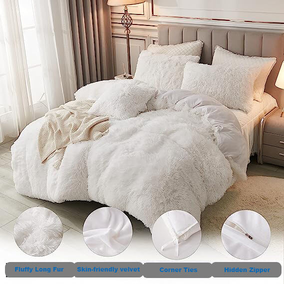 Plush duvet cover white fluffy cover set large plush faux fur bedding set with zipper closure duvet bedding set supplier