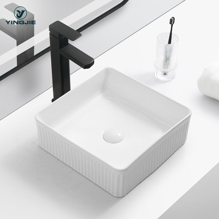 bathroom rectangular ceramic countertop flute wash basin sink