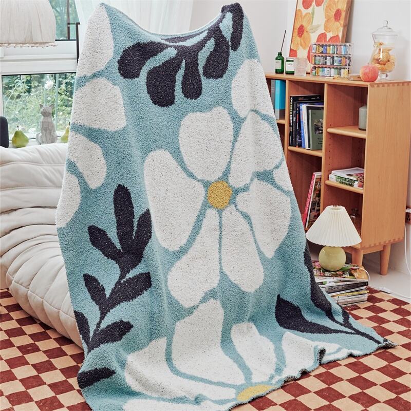 Flower print 100% microfiber super soft feather yarn knitted throw blanket for home decoration HQ manufacture