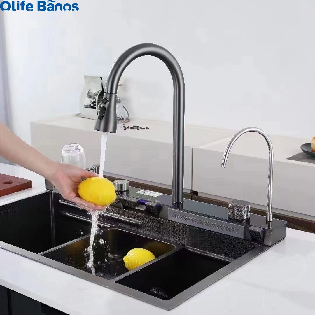 New Trend 304 SS Multifunctional One Piece  Automatic Cup Washer Piano Digital Display Two Waterfall Faucet Kitchen Sinks factory