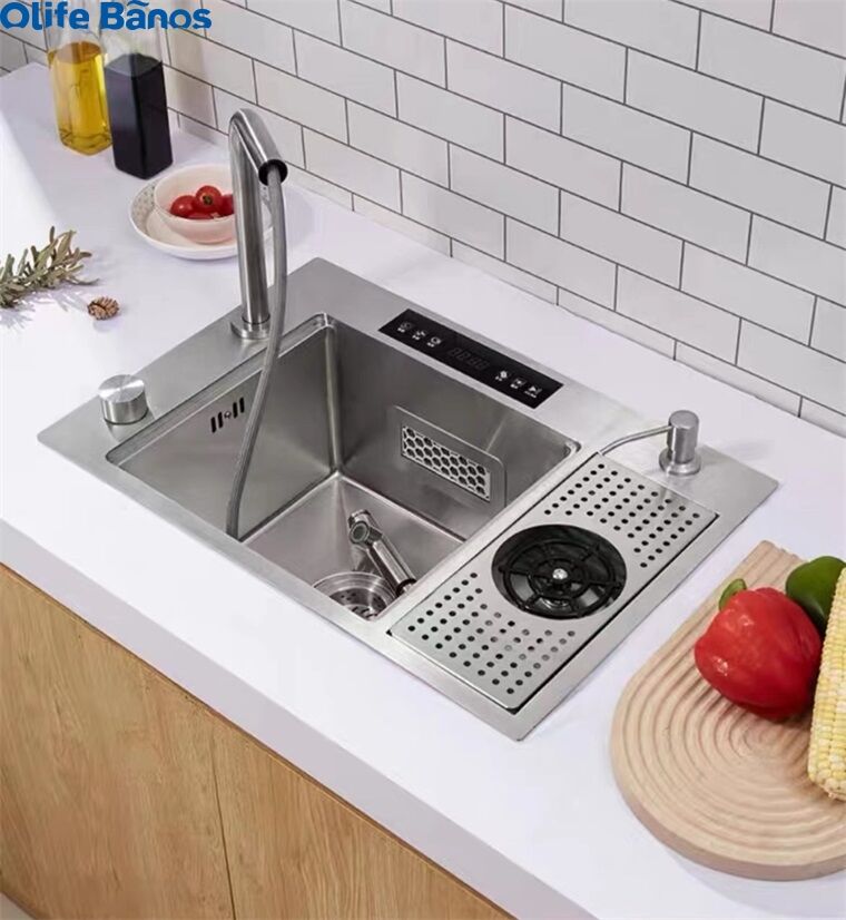 ultrasonic dual catalyst purification sink single bowl handmade 304 stainless steel hidden kitchen sink with glass rinser factory