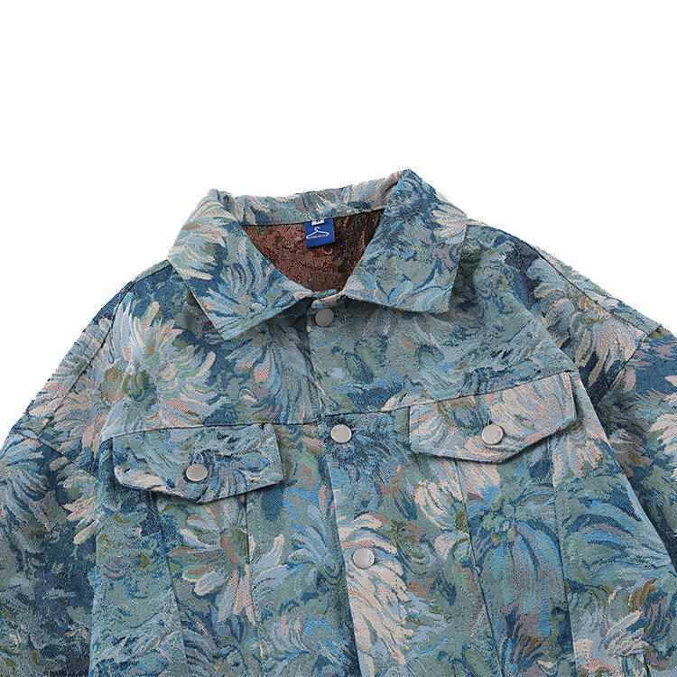 Custom Denim Jacquard Retro Flower Oil Painting Jacket Men's Loose Casual Couples Coats factory