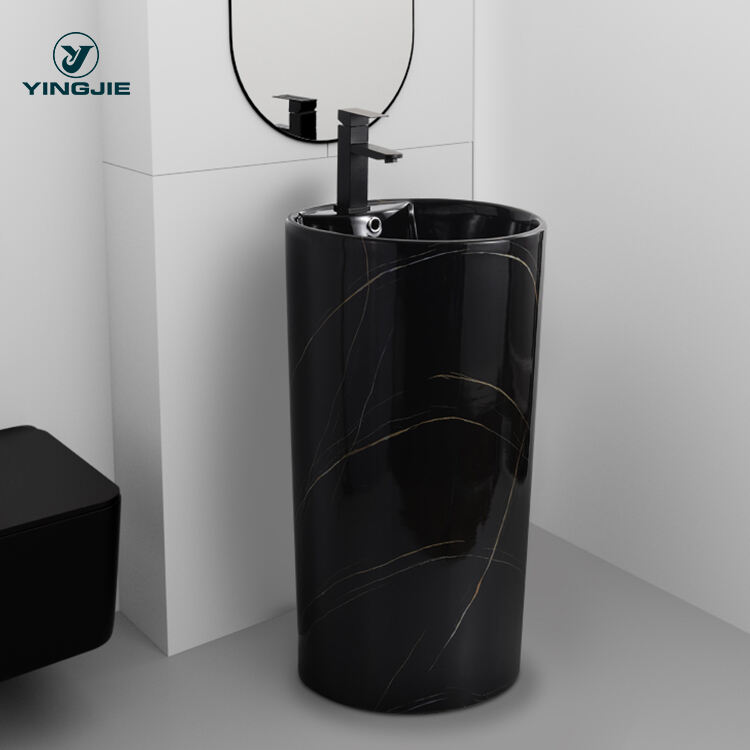 Factory Unique Design Marble Black Bathroom Round Pedestal Floor mounted Freestanding Basin