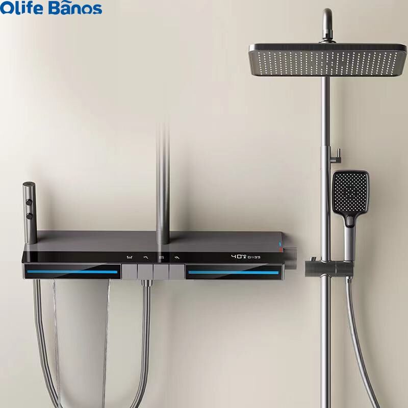 Olife Banos  new design bathroom gunmetal white color blue led light  piano key shower head faucet hot cold shower set supplier