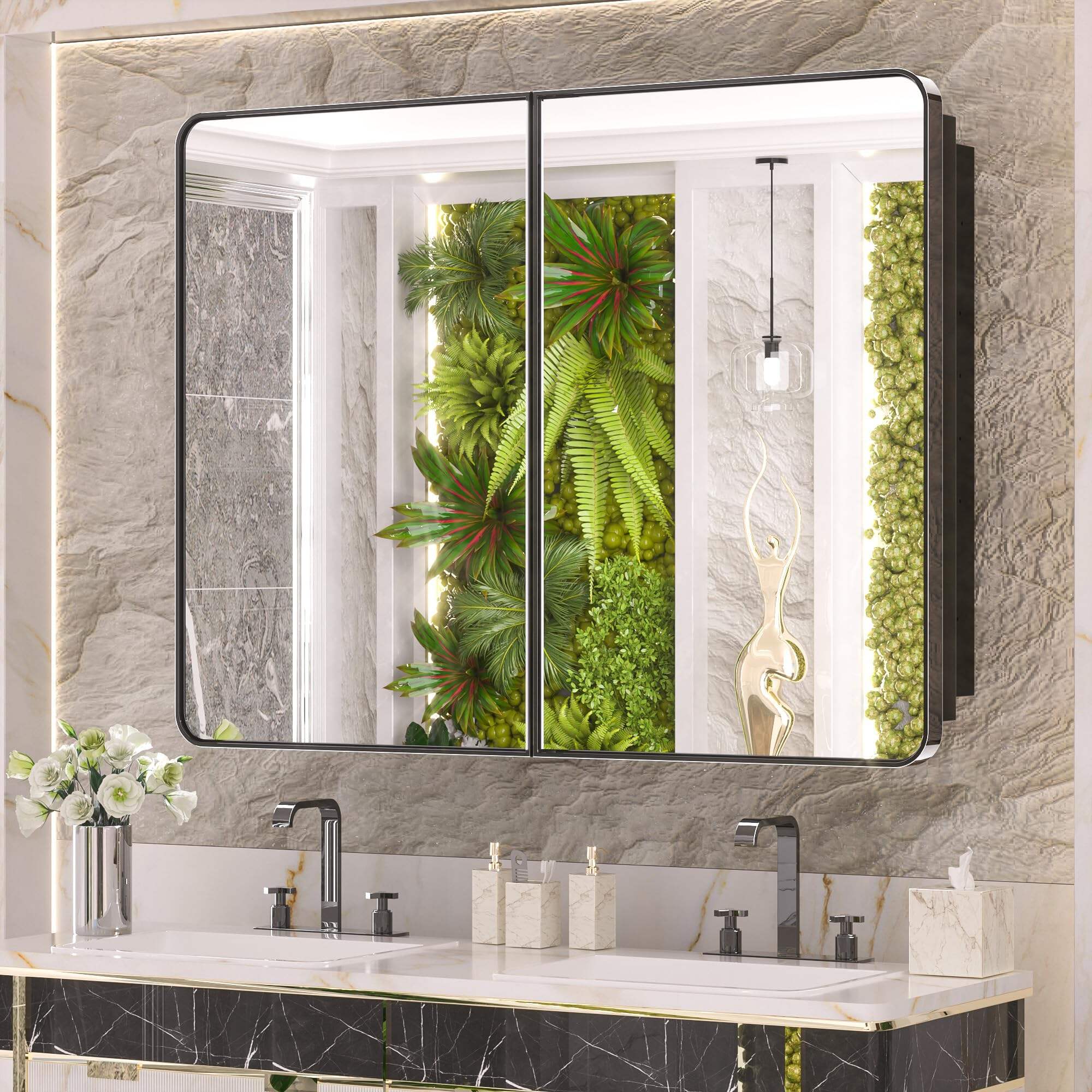 JJGullit bathroom mirror supplier  40 x 32 Inch Bathroom Medicine Cabinets with Mirror Stainless Steel Frame Adjustable Shelves 2 Soft Closing Hinge Doors Modern Recessed Wall Mounted Metal Black Bathroom Mirror with Storage