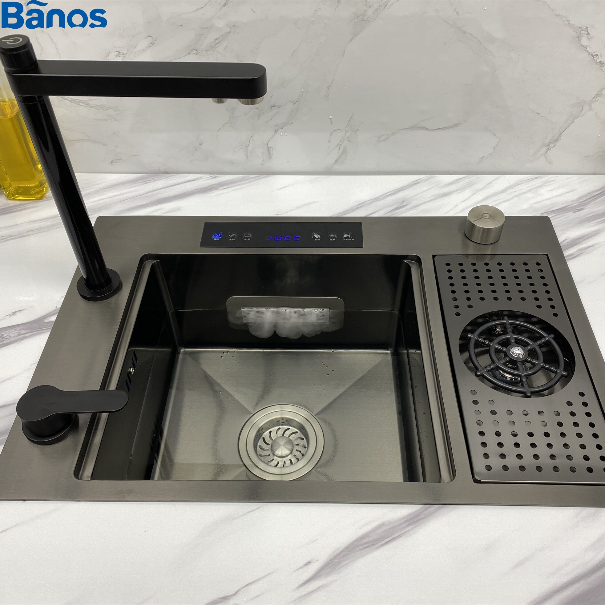 ultrasonic dual catalyst purification sink single bowl handmade 304 stainless steel hidden kitchen sink with glass rinser