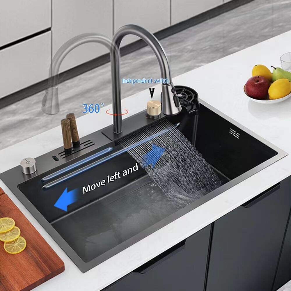 2023 New Extended Multifunctional  Waterfall Faucet Stainless Steel 304 Single Bowl Kitchen Sink With Glass Rinser  Garbage Can details