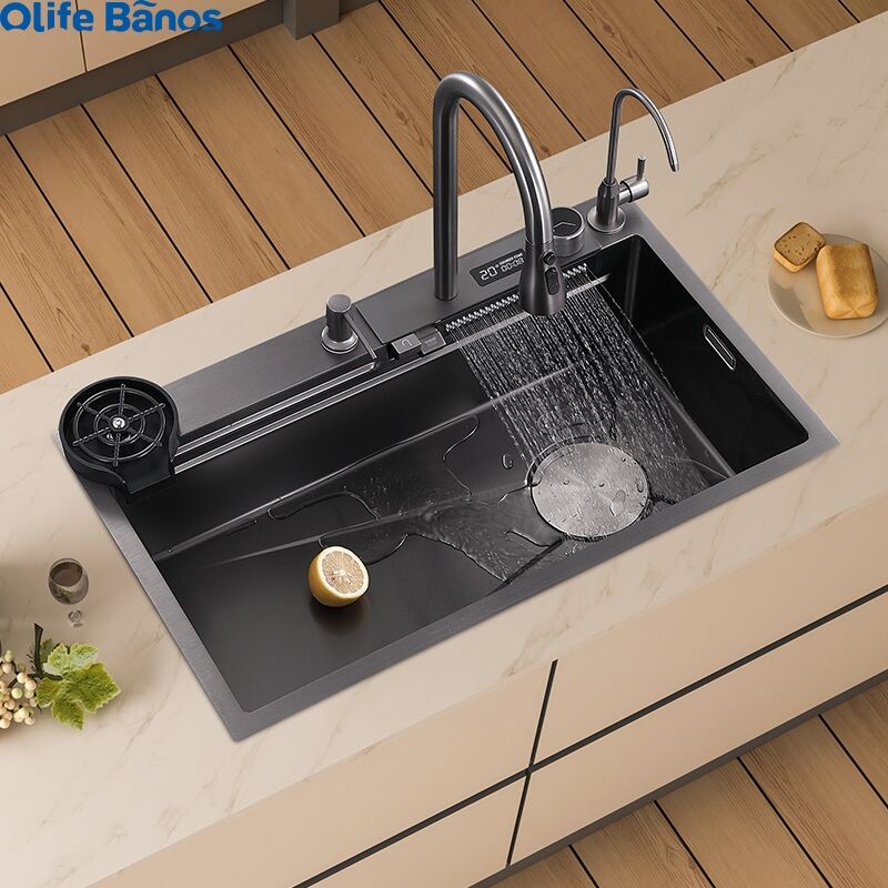 Newest Hign End Digital Display Multifunction Waterfall Faucet 304 Stainless Steel Single Bowl Kitchen Sink With Cup Washer