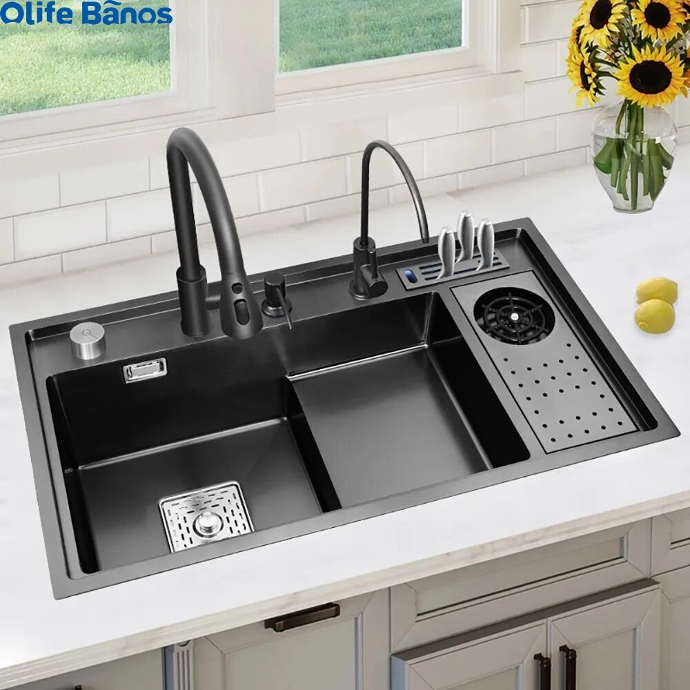 Olife Banos 32 Inch Black Drop-in 304 Stainless Steel  Kitchen Sink Workstation With High-pressure Cup Washer Stainless Steel