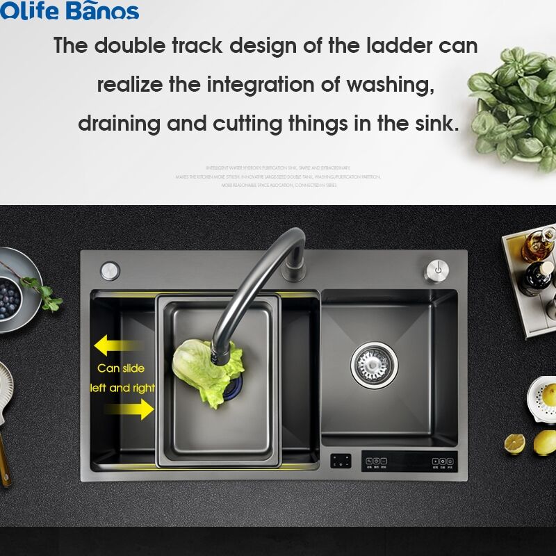 Nanometer Smart Digital Kitchen Sink Large Size Handmade Step Intelligent Ultrasonic Hydro Purifying Kitchen Island Sinks manufacture