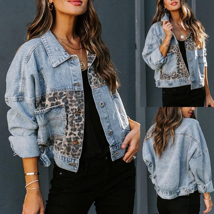 New Arrival Women's Lapel Leopard Cropped Denim Jacket manufacture
