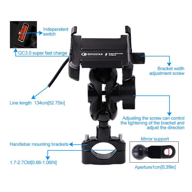 Laudtec Universal Motorcycle Phone Bracket Rechargeable QC3.0 Fast Charge Bicycle Mobile Phone Holder Stand factory