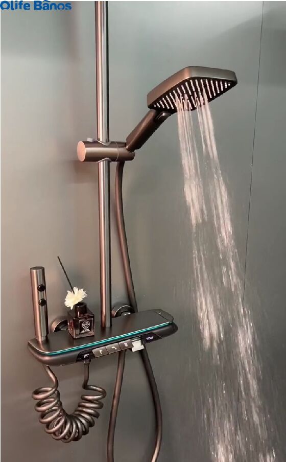 2023 new design bathroom gunmetal blue led light  piano key thermostat shower head faucet luxury  piano key hot cold shower set manufacture