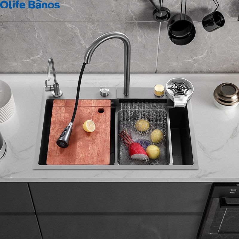 Amazon Hot Sale New Nano 304 33 inch Stainless Steel  Kitchen Flying Rain Waterfall Faucet Basin Sink Slot factory