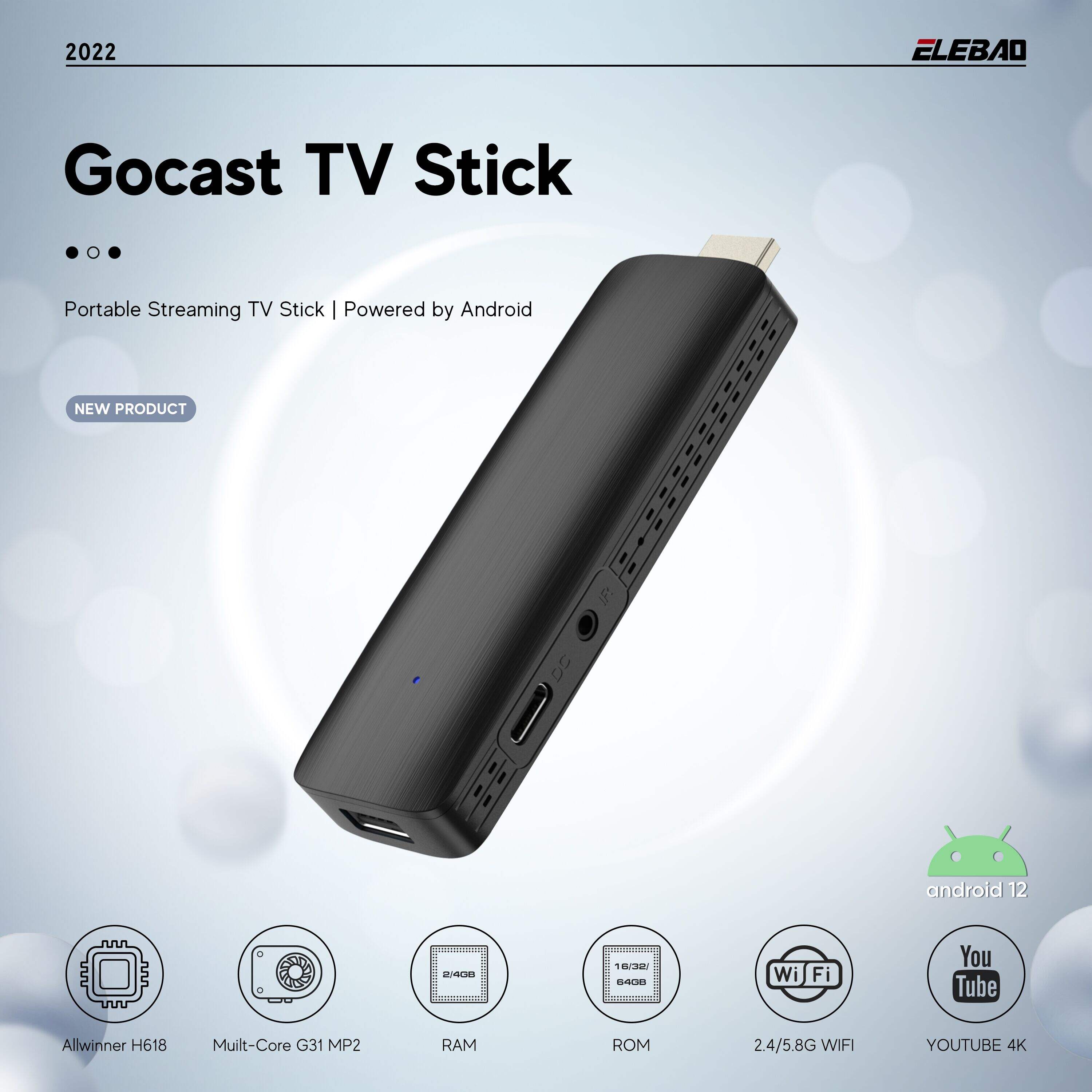Elebao New Release Android 12 TV Dongle Allwinner H618 Ultra HDR10 WiFi6 6K IPTV Stick