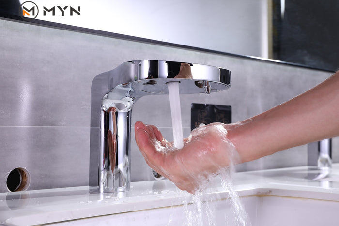 Meiyani Brass Chrome Motion Automatic Tap Smart Sink infrared Faucet Touch Sensor Water Mixer With Soap Dispenser manufacture