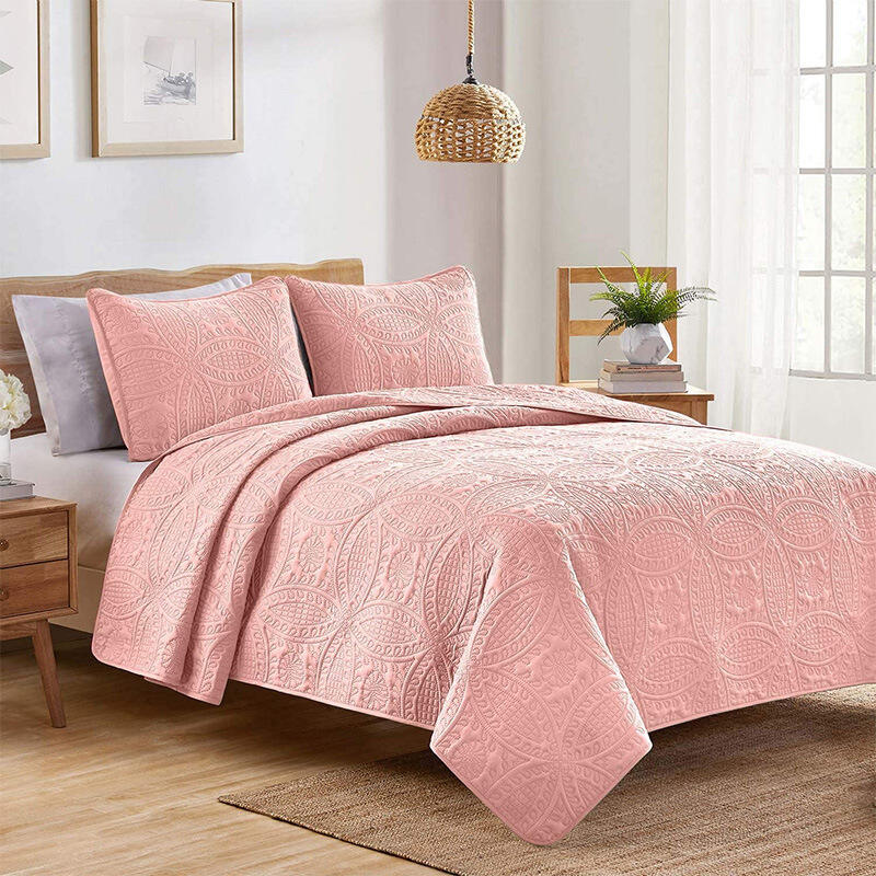 High Quality wholesale solid color Morden Bedding three piece bed cover quilting ultrasonic weave quilt details