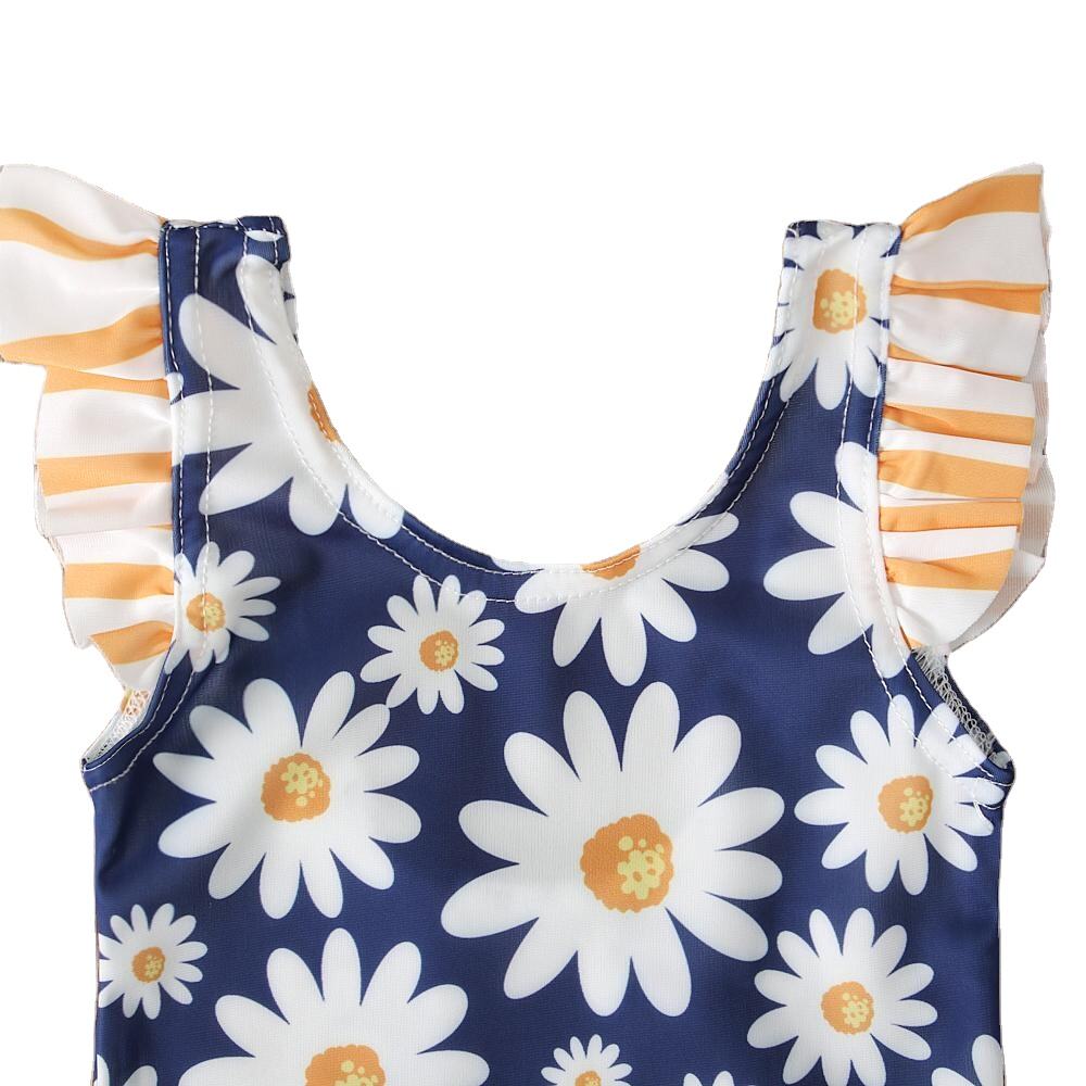 Custom Printed Ruffle Children Kids Swimsuit Bikini Navy Blue Daisy Print Teen Girls Bathing Suit supplier