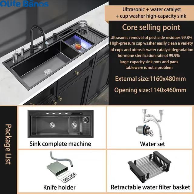 Olife Banos Black Sink Ultrasonic Sink Washing Fruit Vegetable  Seafood 3 in 1 Multifunction Stainless Steel Smart Kitchen Sink factory