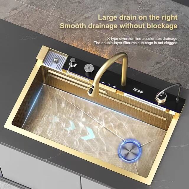 Tiktok  Trend Golden Tap Black Sink Nano SUS 304  Automatic Cup Washer Piano Digital Display Two Waterfall Faucet Kitchen Sinks factory