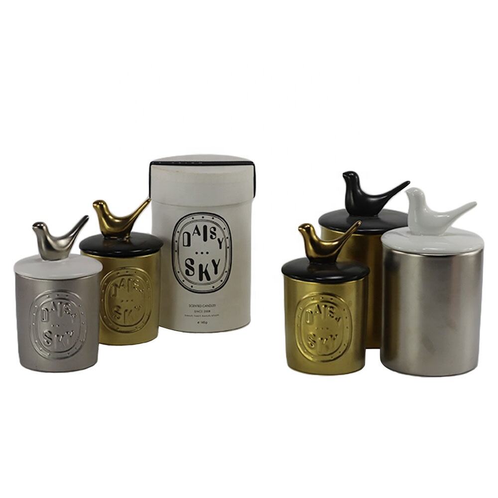 Factory cheap price gold electroplated embossed candle jars holders bowls ceramic empty candle vessels for candle making